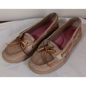 Women's Sperry Top Sider Shoes 7.5 Tan Pink Plaid Slip On Loafers 9101940 READ